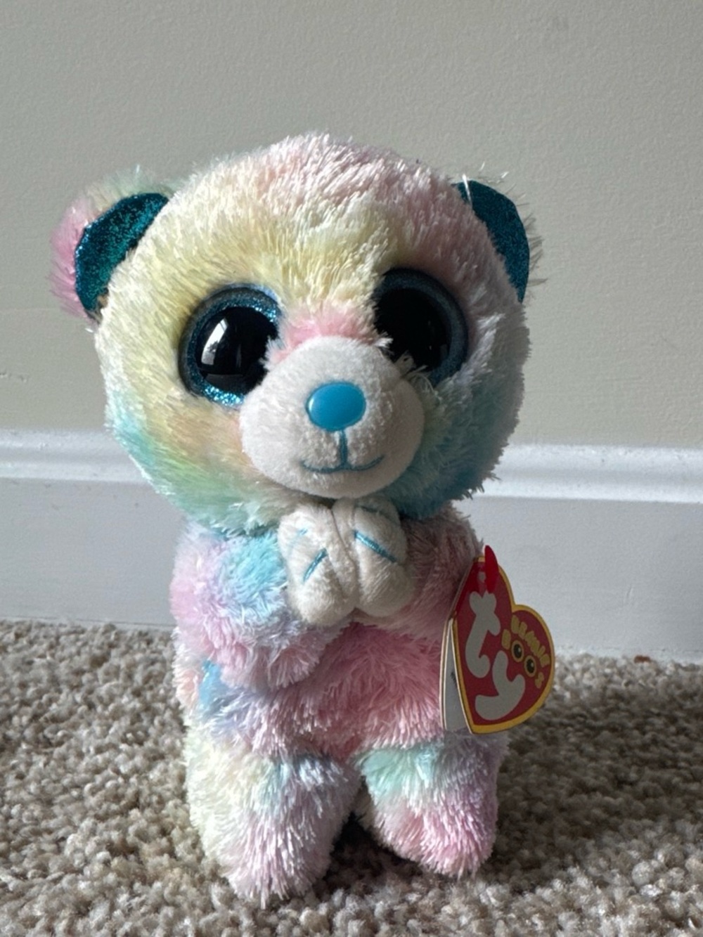 Ty Pastel Rainbow Beanie Boo Plush Bear with Shiny Blue Nose